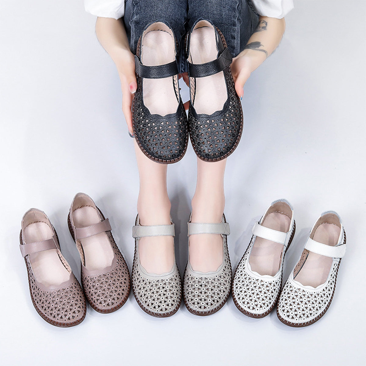 💟🥿【35-40】💖2025 nove ženske sandale od prave kože, ravne cipele, šuplje i prozračne, moderan dizajn