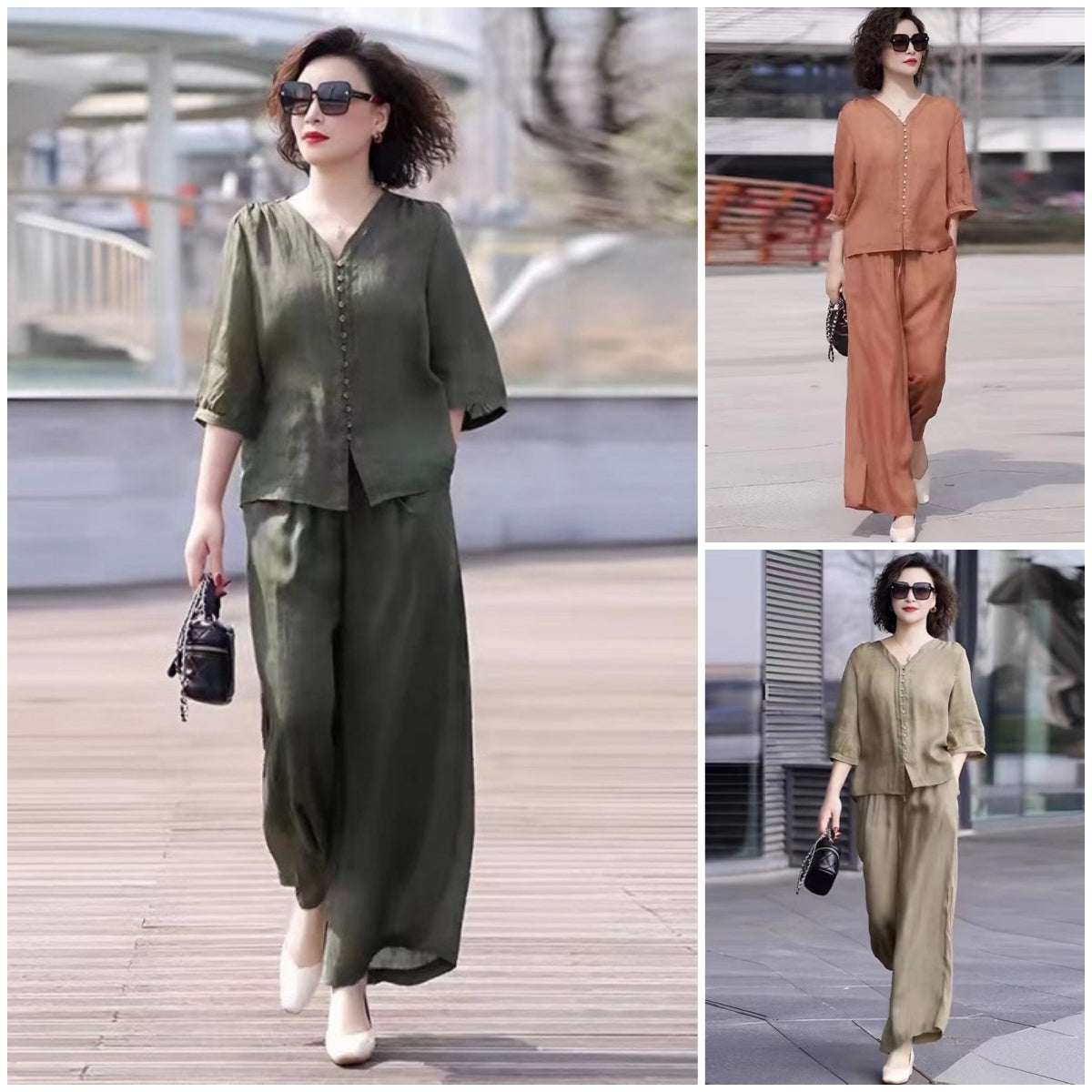 🥇👚👖【Majice + hlače】🌹【M-4XL】2025. Novo modno ležerno dvodijelno odijelo širokih nogavica + V-izrez od pamuka i lana