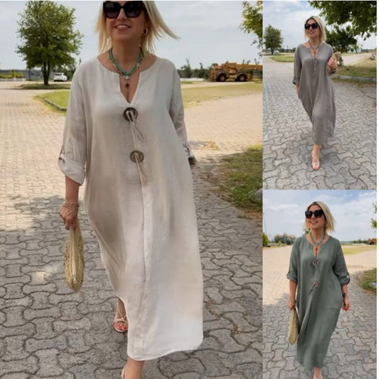 💖👗【S-5XL】2025 Lato Nowa bawełniana i lniana sukienka casualowa z dekoltem w serek