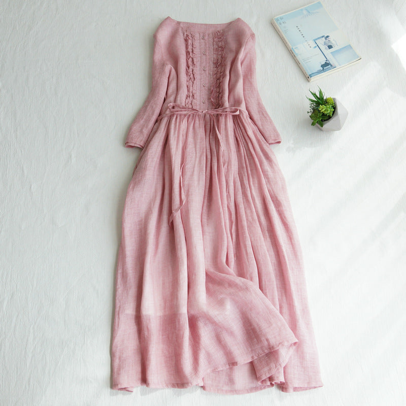 💃【50% POPUSTA】【S-2XL💖Nova ljetna duga suknja od pamuka i lana, kratki rukavi, okrugli izrez, udobna i moderna