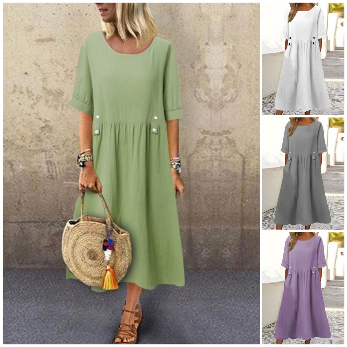 🔥👗[M-3XL] 💖🌹Nova elegantna ženska odjeća od pamuka i lana iz 2025. široka ležerna haljina s okruglim izrezom i kratkim rukavima