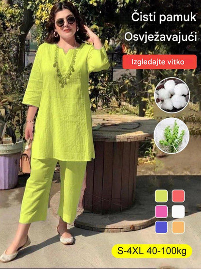 🌹👕👖【S-5XL】Ljeto 2025. nova moda čistih boja temperamenta dvodijelni set u etničkom stilu - udoban i prozračan - moderan i elegantan