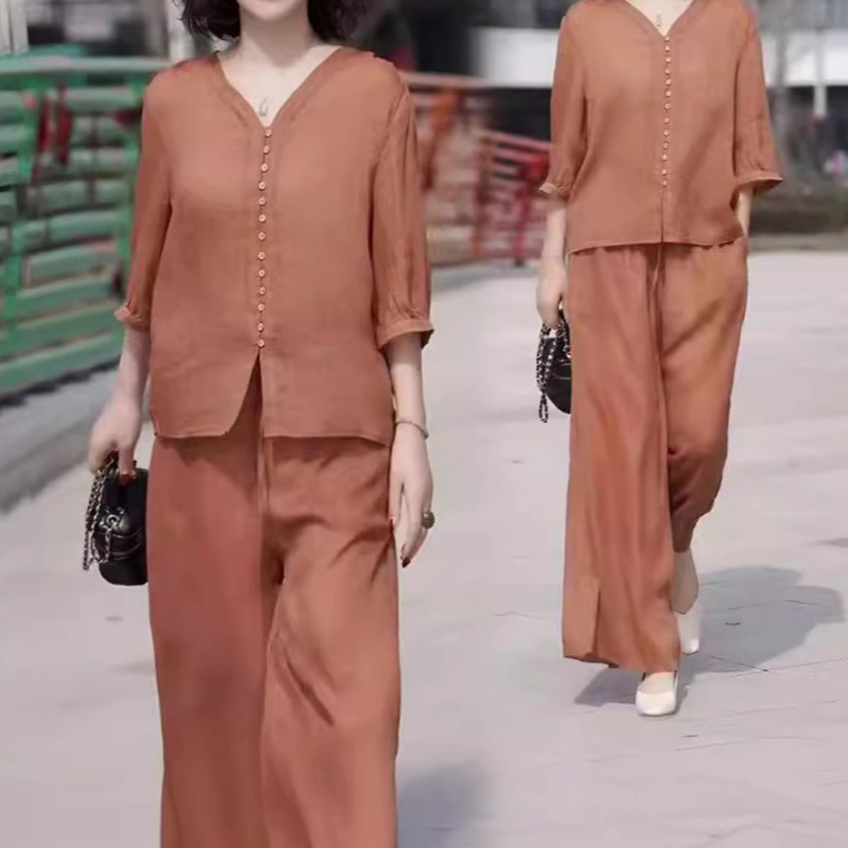 🥇👚👖【Majice + hlače】🌹【M-4XL】2025. Novo modno ležerno dvodijelno odijelo širokih nogavica + V-izrez od pamuka i lana
