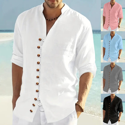 🌈🌴👔【50% popusta 🔥】【S-3XL】😍😍 Ljetna muška lanena i pamučna košulja s dugim rukavima, ležerna i širokog kroja u većim veličinama