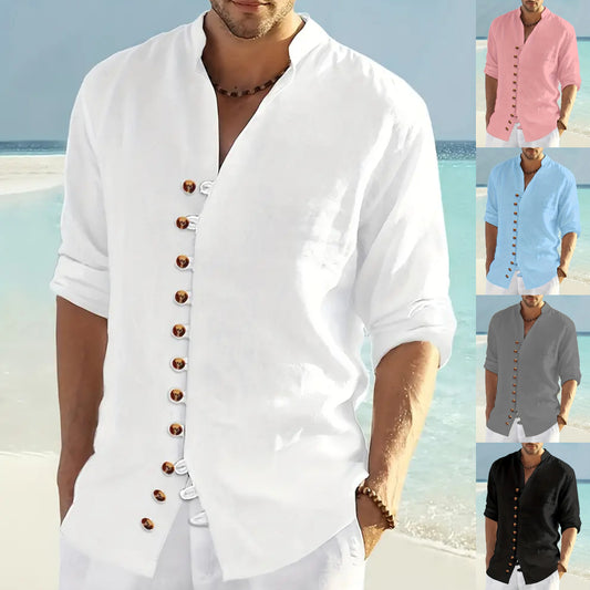 🌈🌴👔【50% popusta 🔥】【S-3XL】😍😍 Ljetna muška lanena i pamučna košulja s dugim rukavima, ležerna i širokog kroja u većim veličinama