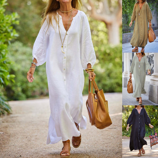 👗Ograničeno vrijeme 50% popusta🎁 [S–3XL] Nova ženska duga haljina-košulja s V-izrezom, prirodni materijal od pamuka i lana, veća veličina