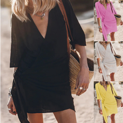 🎀👘【50% popusta 🔥】【S–3XL】💖 Ljetna nova ležerna haljina od pamuka i lana u velikim veličinama, s preklopnim V-izrezom, srednje dužine i širokog kroja