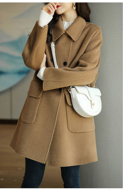 🌈Vruća rasprodaja u tijeku⛄Novi stil vunenog kaputa srednje duljine boje kave za jesen i zimu 2025.