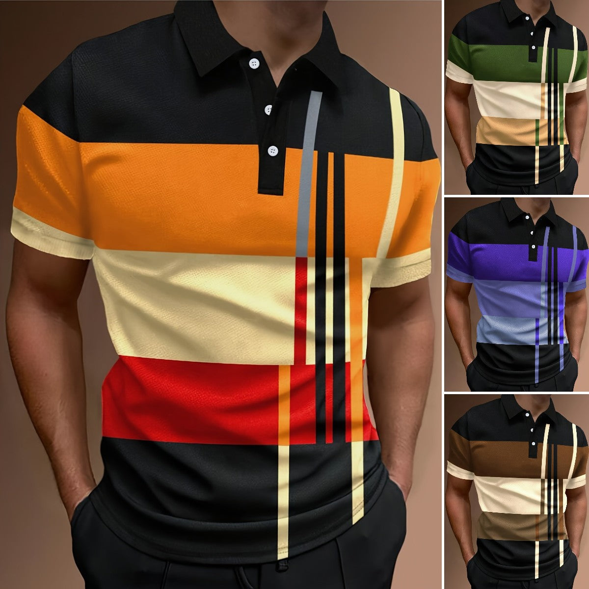 👔👔【S-6XL】Muška POLO majica s 3D prugama u bloku boja-3935339