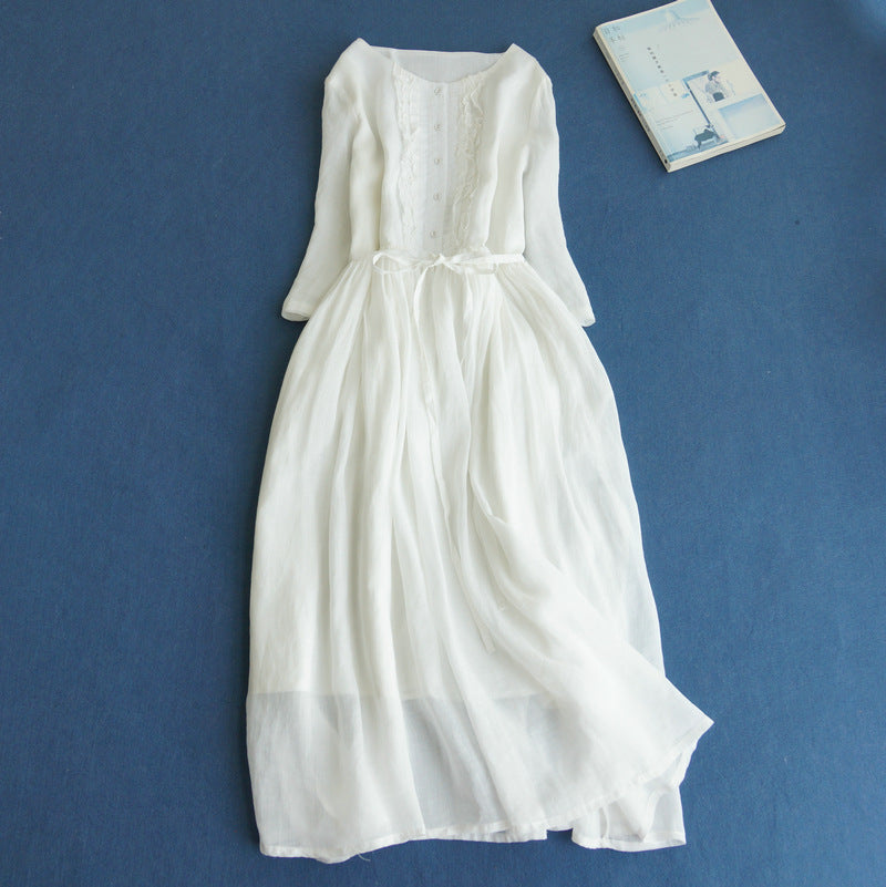 💃【50% POPUSTA】【S-2XL💖Nova ljetna duga suknja od pamuka i lana, kratki rukavi, okrugli izrez, udobna i moderna