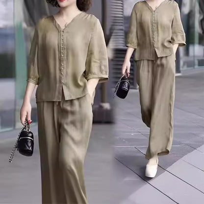 🥇👚👖【Majice + hlače】🌹【M-4XL】2025. Novo modno ležerno dvodijelno odijelo širokih nogavica + V-izrez od pamuka i lana