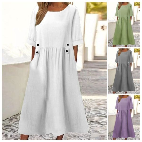 🔥👗[M-3XL] 💖🌹Nova elegantna ženska odjeća od pamuka i lana iz 2025. široka ležerna haljina s okruglim izrezom i kratkim rukavima