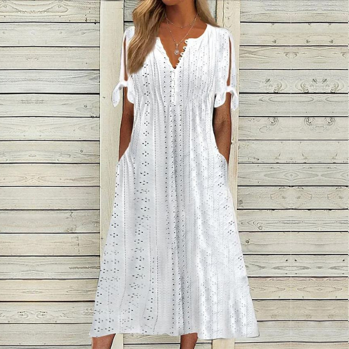[🏆50% popusta] 【S-5XL】👗 Ljetna modna ležerna haljina od mekanog pamuka, jednobojna, V-izrez, točkice, udobna