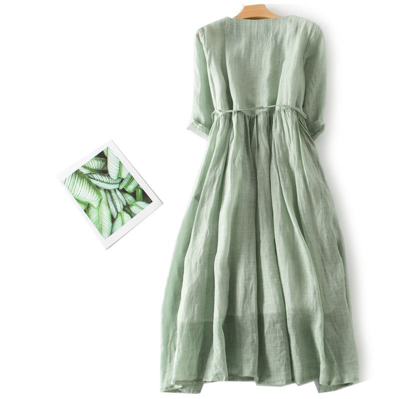 💃【50% POPUSTA】【S-2XL💖Nova ljetna duga suknja od pamuka i lana, kratki rukavi, okrugli izrez, udobna i moderna