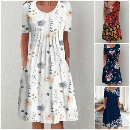 💥🔥[Novi proizvod] 👗🌹[S-5XL] 2025. nova modna haljina kratkih rukava s okruglim izrezom i printom - udobna i prozračna - svestrana