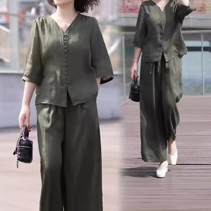 🥇👚👖【Majice + hlače】🌹【M-4XL】2025. Novo modno ležerno dvodijelno odijelo širokih nogavica + V-izrez od pamuka i lana