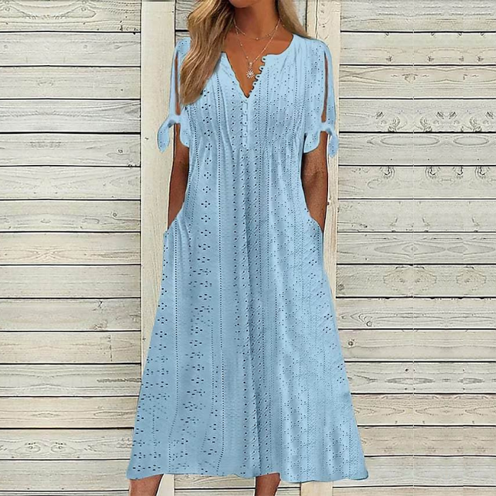 [🏆50% popusta] 【S-5XL】👗 Ljetna modna ležerna haljina od mekanog pamuka, jednobojna, V-izrez, točkice, udobna